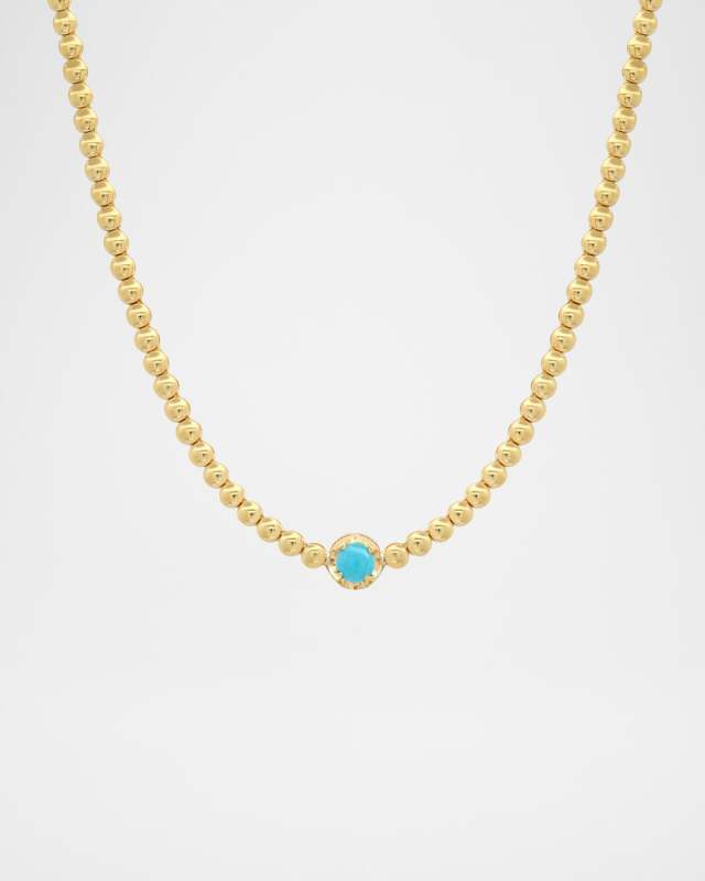 18K Yellow Gold Mini Bezel Tennis Necklace with Illusion Set Turquoise Accent